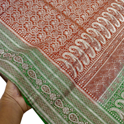 Indian Vintage Heavy Wedding Sari Red & Green Pure Satin Silk Woven Banarasi Brocade Sarees Zari 5Yd Fabric Upcycle Crafting Dress Making