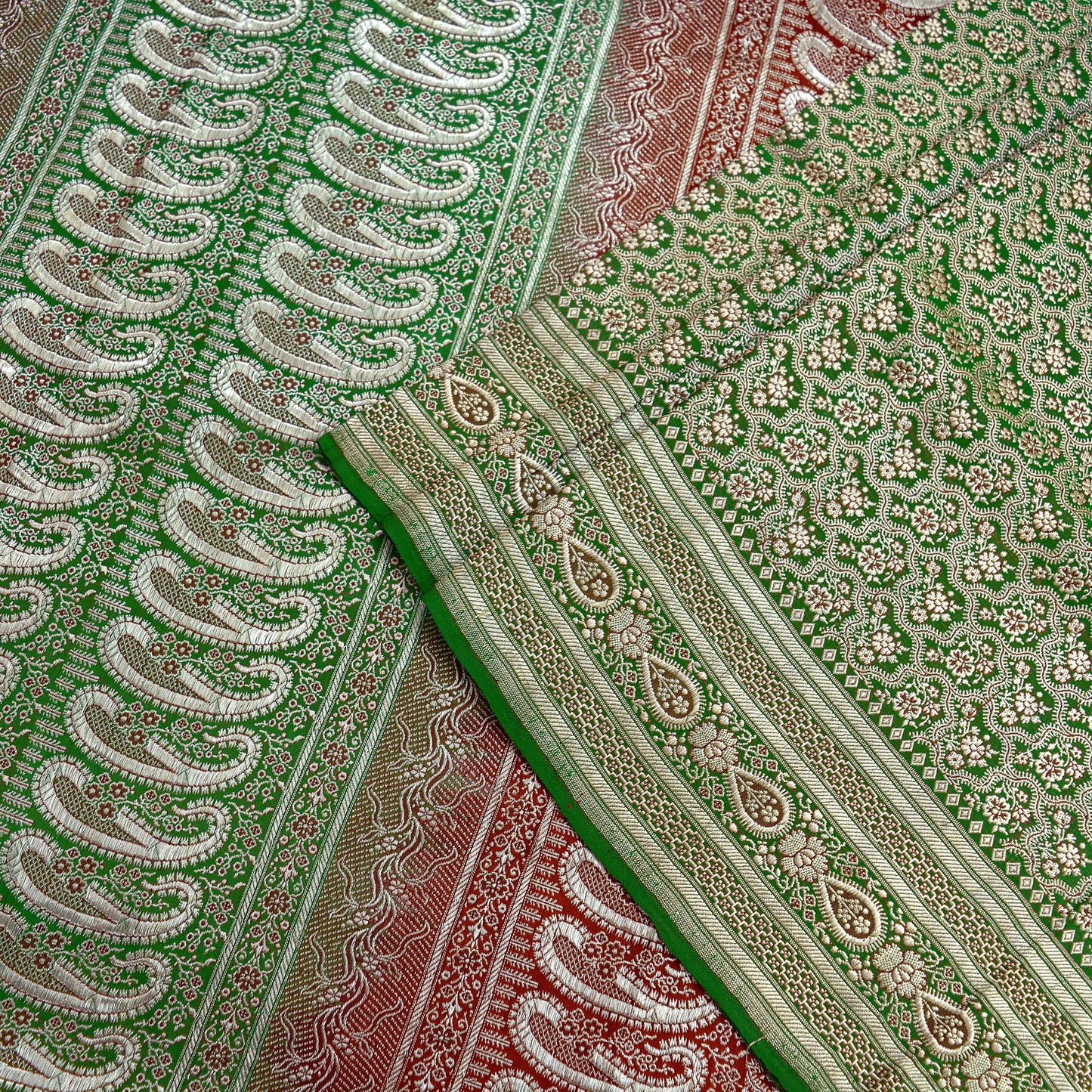 Indian Vintage Heavy Wedding Sari Red & Green Pure Satin Silk Woven Banarasi Brocade Sarees Zari 5Yd Fabric Upcycle Crafting Dress Making