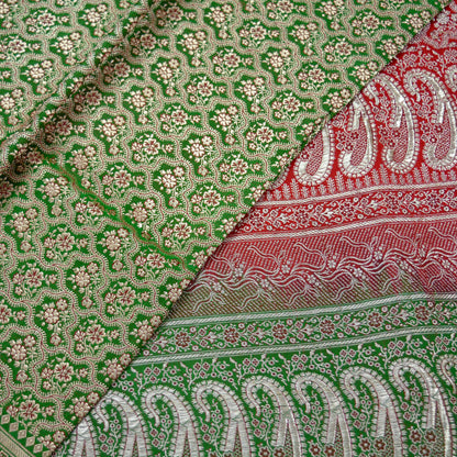 Indian Vintage Heavy Wedding Sari Red & Green Pure Satin Silk Woven Banarasi Brocade Sarees Zari 5Yd Fabric Upcycle Crafting Dress Making