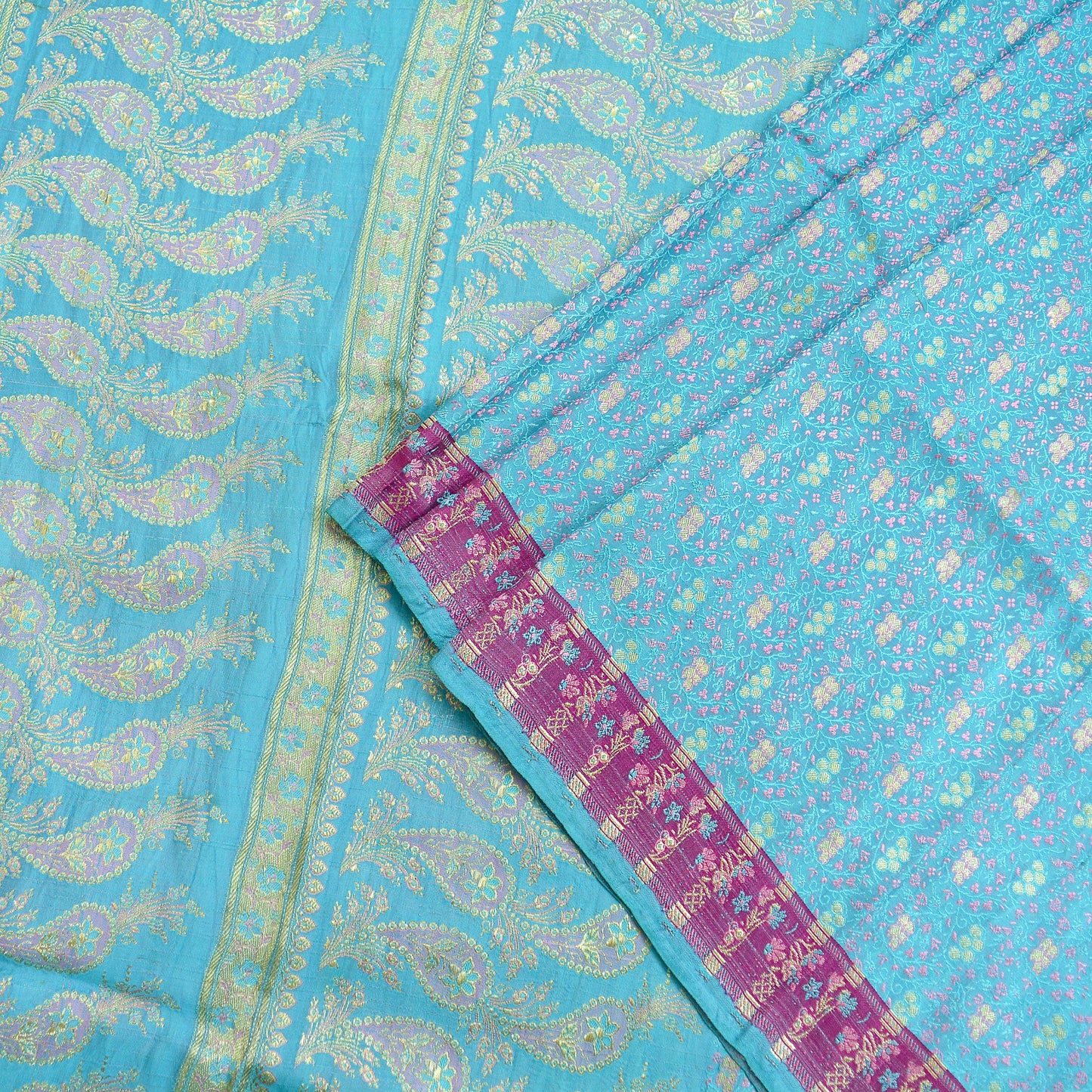 Indian Vintage Heavy Wedding Sari Pure Satin Silk Blue Woven Banarasi Tanchoi Sarees Zari 5Yd Ethnic Craft Fabric Upcycle Dress Making Used