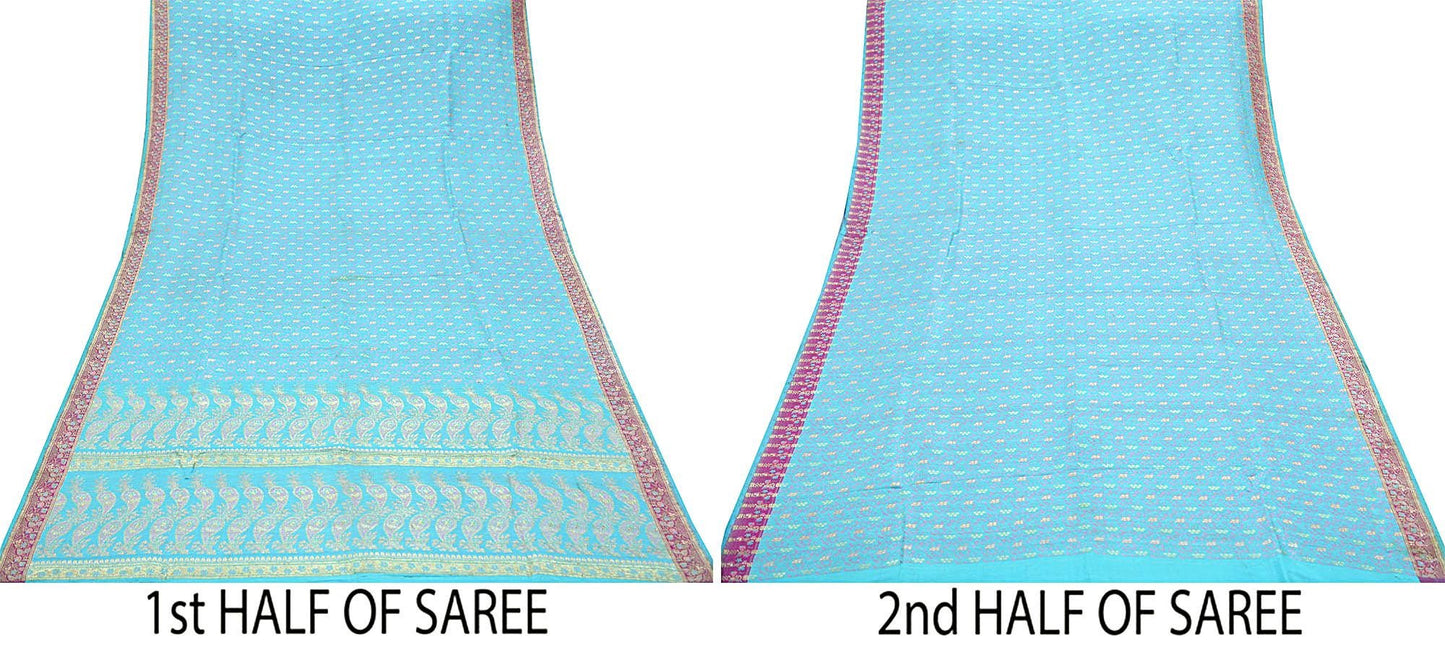 Indian Vintage Heavy Wedding Sari Pure Satin Silk Blue Woven Banarasi Tanchoi Sarees Zari 5Yd Ethnic Craft Fabric Upcycle Dress Making Used