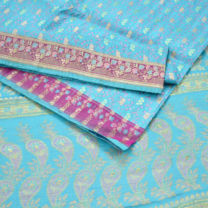 Indian Vintage Heavy Wedding Sari Pure Satin Silk Blue Woven Banarasi Tanchoi Sarees Zari 5Yd Ethnic Craft Fabric Upcycle Dress Making Used