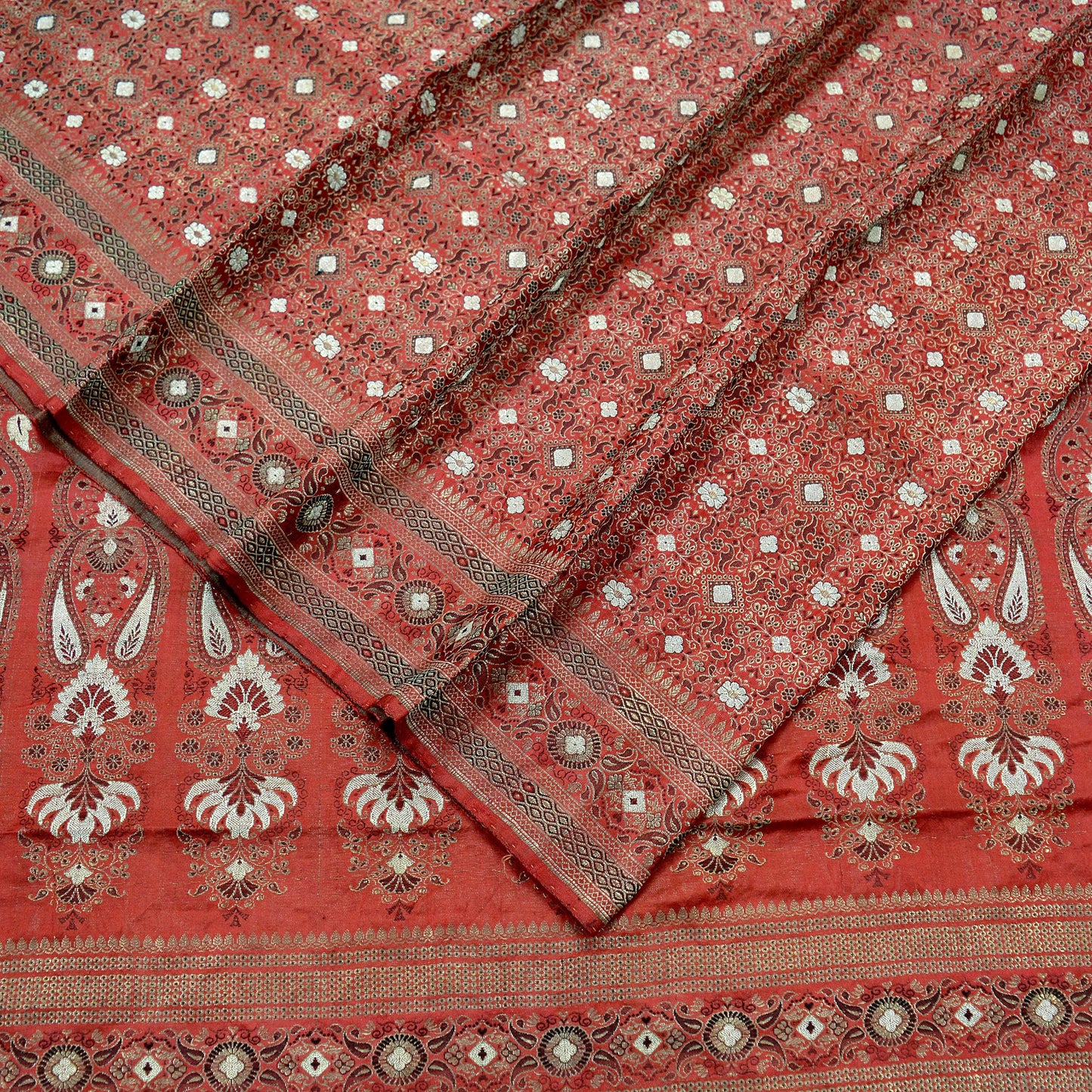 Indian Antique Vintage Heavy Sari Pure Satin Silk Red Hand Woven Banarasi Brocade Sarees Zari 5Yd Craft Fabric Ethnic Upcycle crafting Used