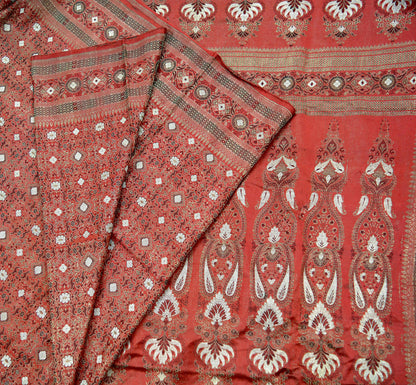 Indian Antique Vintage Heavy Sari Pure Satin Silk Red Hand Woven Banarasi Brocade Sarees Zari 5Yd Craft Fabric Ethnic Upcycle crafting Used