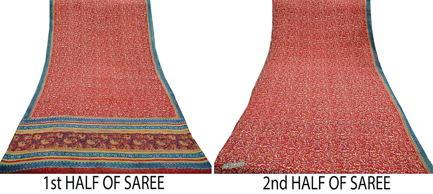 Vintage Sari Red 100% Pure Georgette Silk Printed Sarees 5yd Sewing Craft Fabric Soft Dress Designing for Crafting Quilting Upcycle Used
