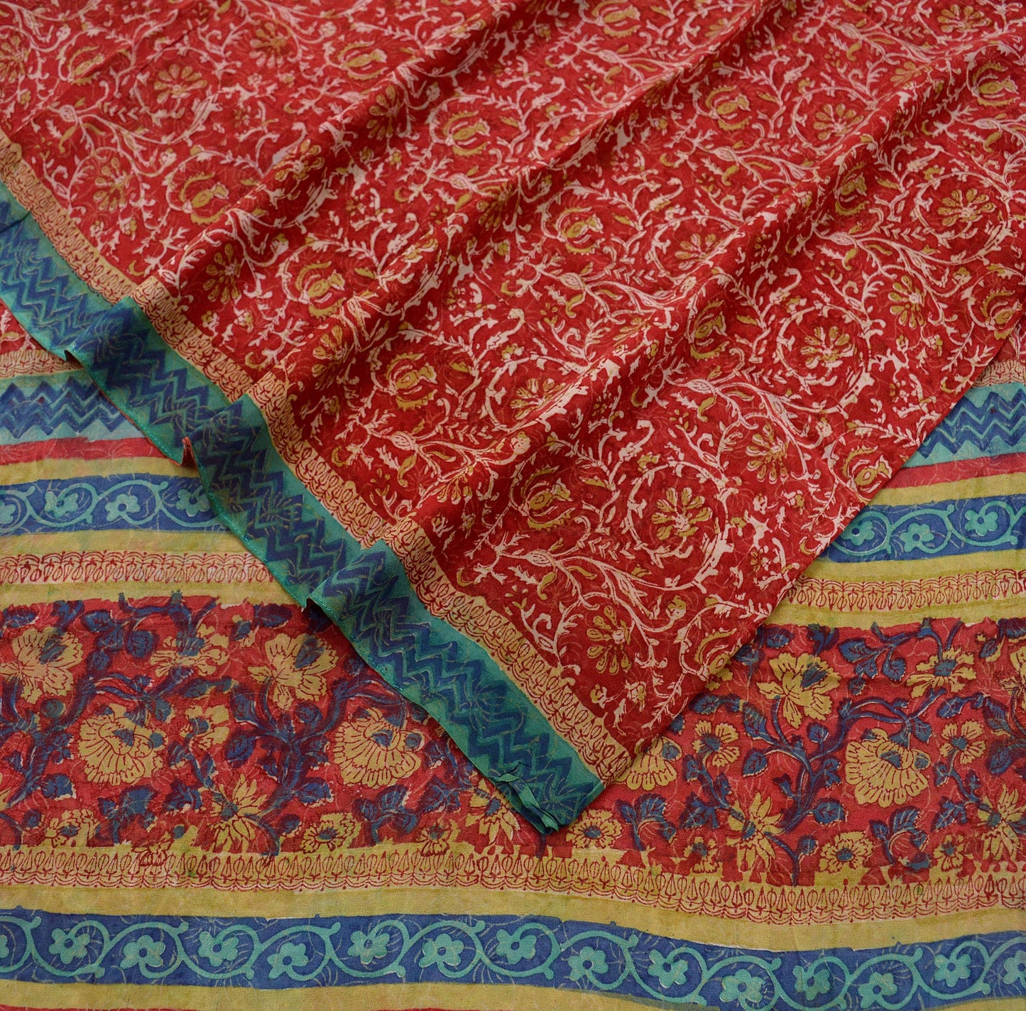 Vintage Sari Red 100% Pure Georgette Silk Printed Sarees 5yd Sewing Craft Fabric Soft Dress Designing for Crafting Quilting Upcycle Used
