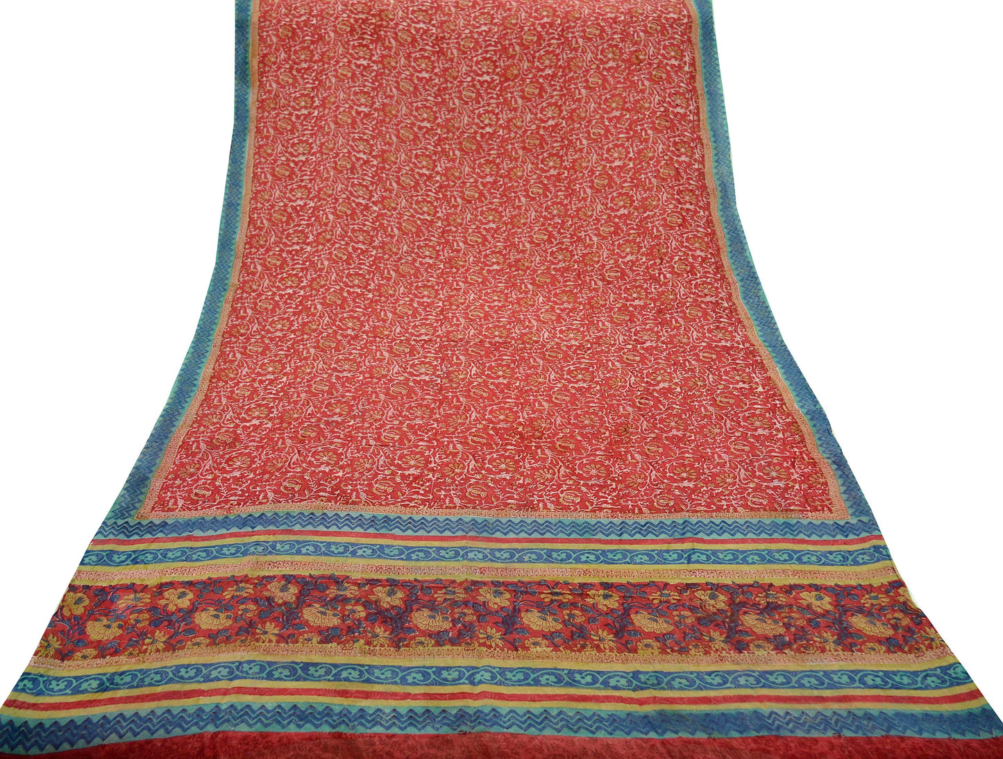 Vintage Sari Red 100% Pure Georgette Silk Printed Sarees 5yd Sewing Craft Fabric Soft Dress Designing for Crafting Quilting Upcycle Used