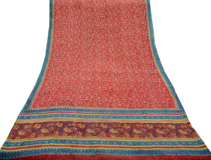Vintage Sari Red 100% Pure Georgette Silk Printed Sarees 5yd Sewing Craft Fabric Soft Dress Designing for Crafting Quilting Upcycle Used
