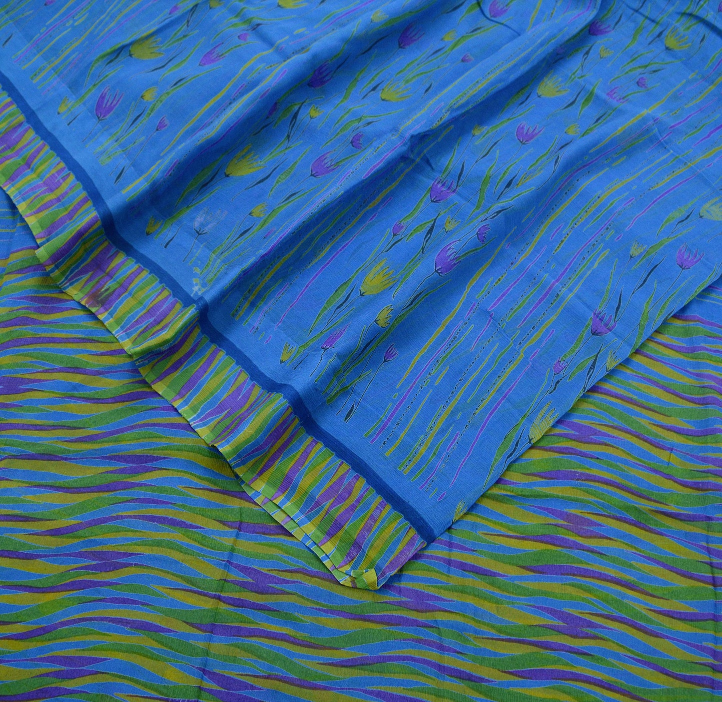 Women Vintage Sari Blue Pure Chiffon Silk Printed Sarees 5Yd Craft Fabric Sewing Soft Light Sari Dress Making Upcycle Quilting Crafting Used