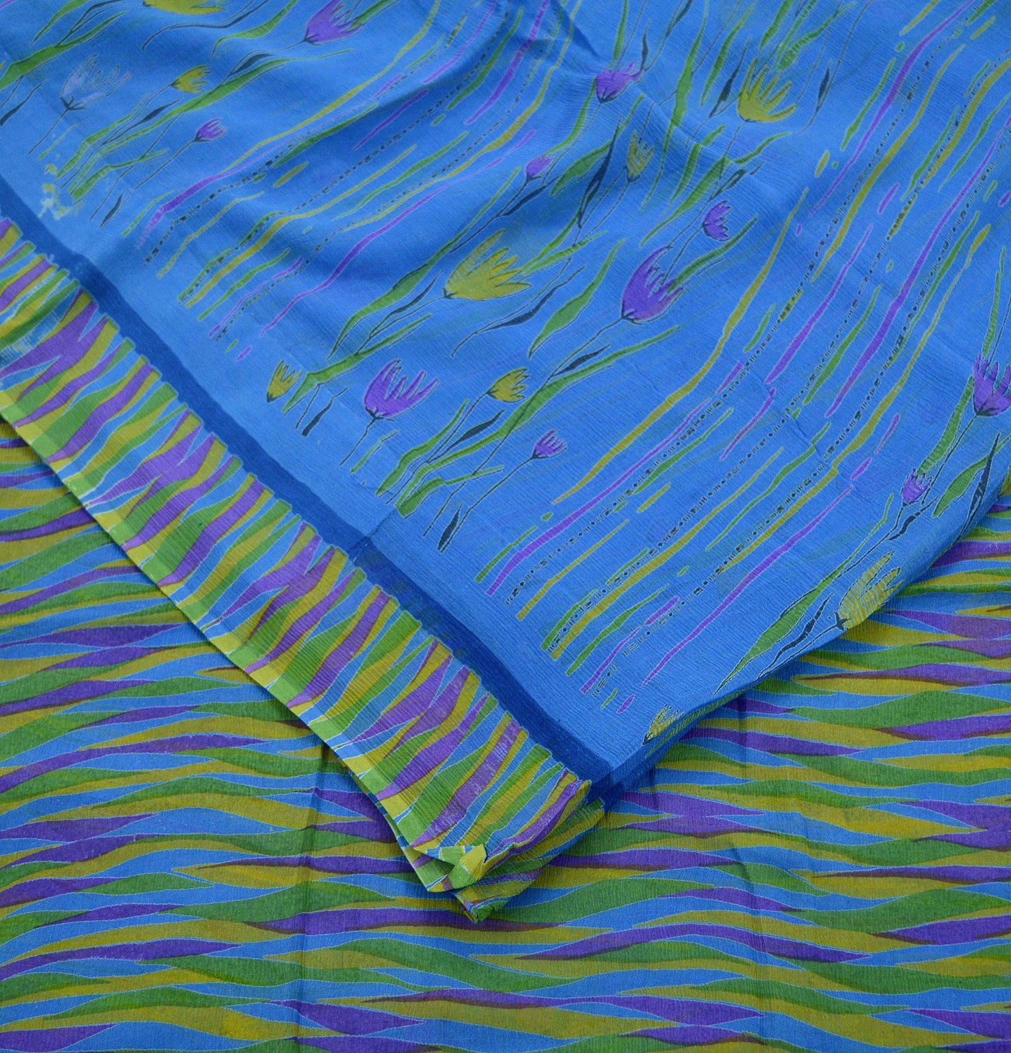 Women Vintage Sari Blue Pure Chiffon Silk Printed Sarees 5Yd Craft Fabric Sewing Soft Light Sari Dress Making Upcycle Quilting Crafting Used