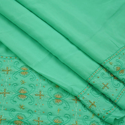 Indian Vintage Sari Green Art Silk Hand Embroidered Sarees Craft Fabric 5Yd Sewing Soft Golden Zardozi/Zari Floral Upcycle Dress Making used