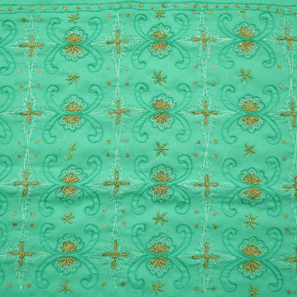 Indian Vintage Sari Green Art Silk Hand Embroidered Sarees Craft Fabric 5Yd Sewing Soft Golden Zardozi/Zari Floral Upcycle Dress Making used