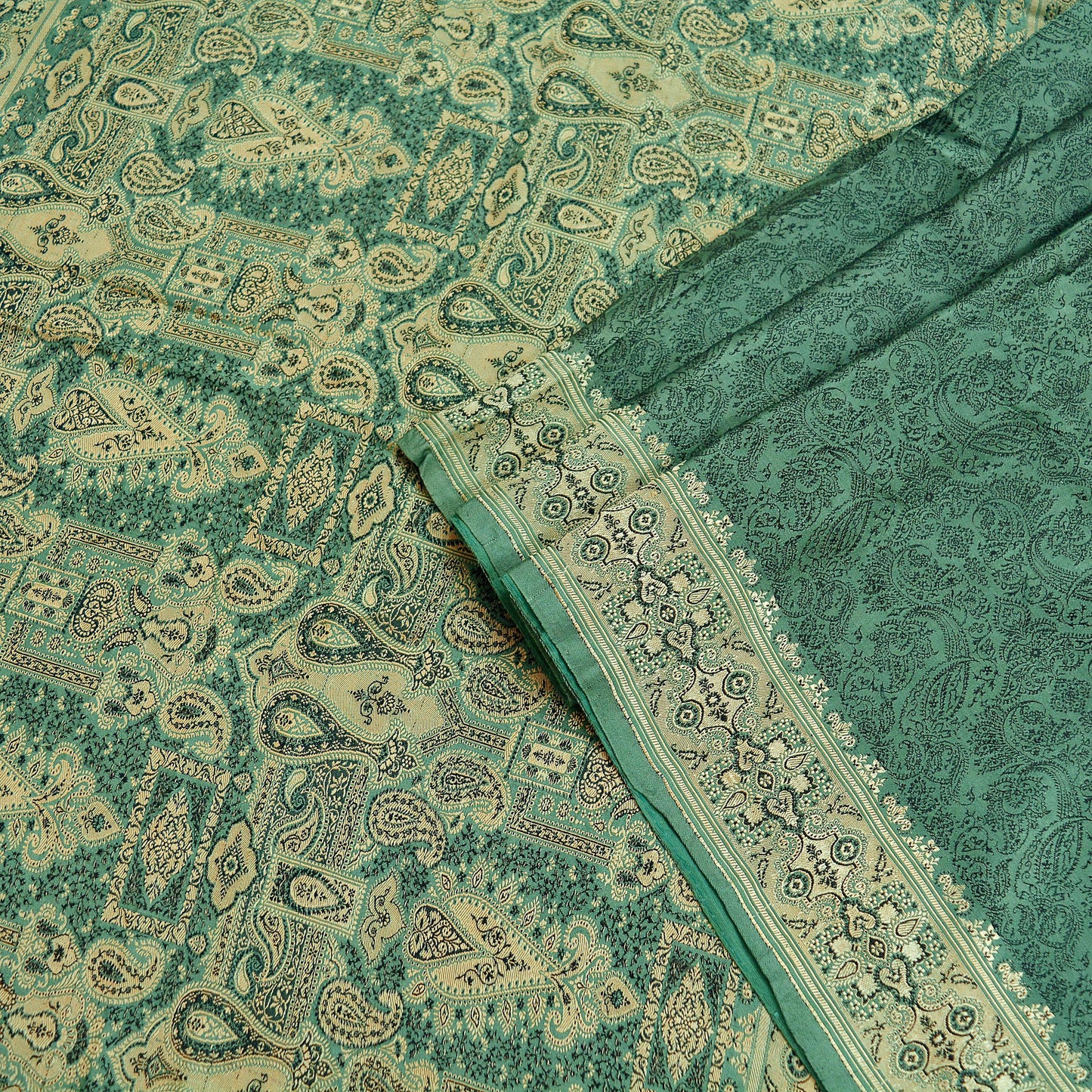 Vintage Heavy Sari Green Pure Satin Silk Woven Brocade Sarees 5Yd Floral Paisley Ethnic Craft Fabric Soft Upcycle Dress Making Quilting Used