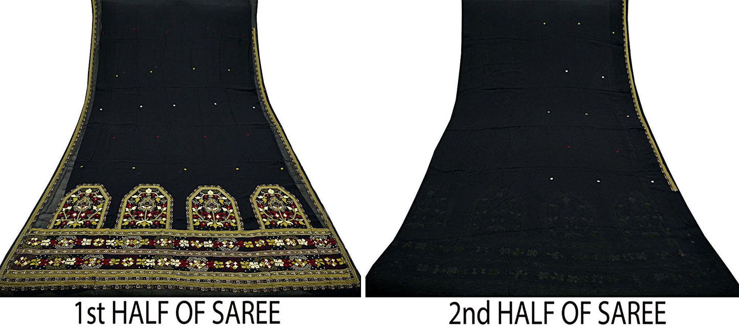 Indian Vintage Sari Black Pure Chiffon Silk Hand Embroidered Sarees Craft Fabric 5Yd Soft Dress Making Sewing Quilting For Crafting Used