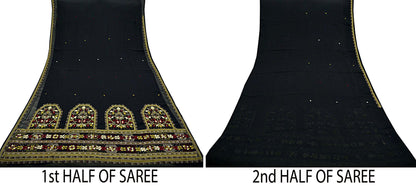 Indian Vintage Sari Black Pure Chiffon Silk Hand Embroidered Sarees Craft Fabric 5Yd Soft Dress Making Sewing Quilting For Crafting Used