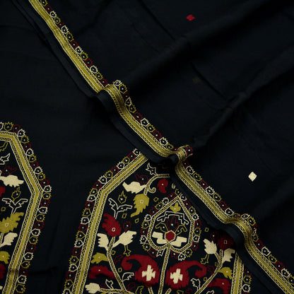 Indian Vintage Sari Black Pure Chiffon Silk Hand Embroidered Sarees Craft Fabric 5Yd Soft Dress Making Sewing Quilting For Crafting Used