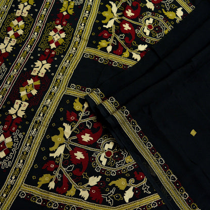 Indian Vintage Sari Black Pure Chiffon Silk Hand Embroidered Sarees Craft Fabric 5Yd Soft Dress Making Sewing Quilting For Crafting Used