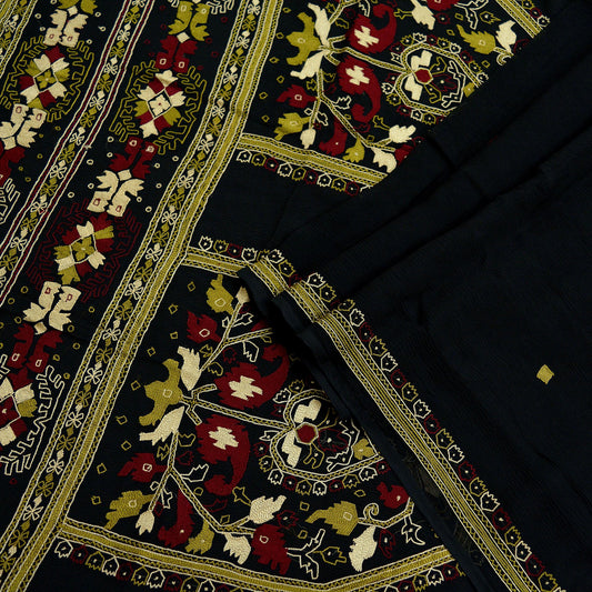 Indian Vintage Sari Black Pure Chiffon Silk Hand Embroidered Sarees Craft Fabric 5Yd Soft Dress Making Sewing Quilting For Crafting Used