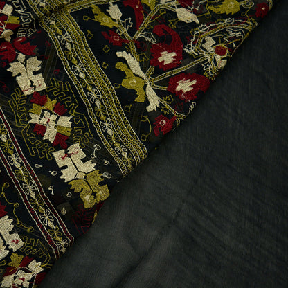 Indian Vintage Sari Black Pure Chiffon Silk Hand Embroidered Sarees Craft Fabric 5Yd Soft Dress Making Sewing Quilting For Crafting Used