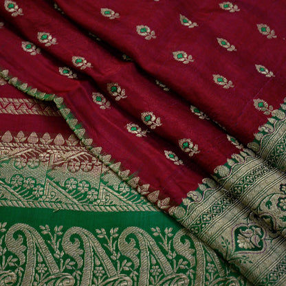 Indian Vintage Heavy Sari Pure Satin Silk Maroon & Green Woven Brocade Banarasi Sarees Zari 5Yd Ethnic Craft Fabric Dress Making Upcycle