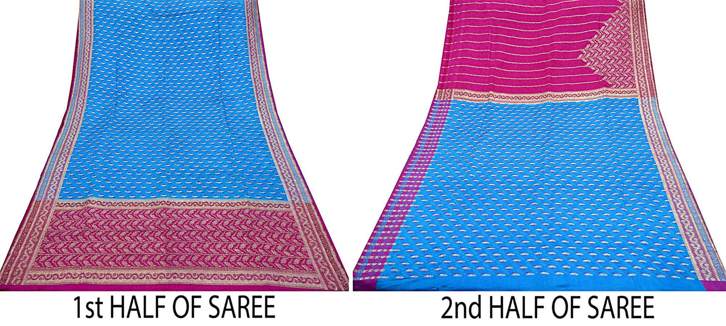 Indian Vintage Heavy Sari Pink & Blue Pure Satin Silk Woven Brocade Banarasi Sarees Zari 5Yd Ethnic Craft Fabric Dress Making Upcycle