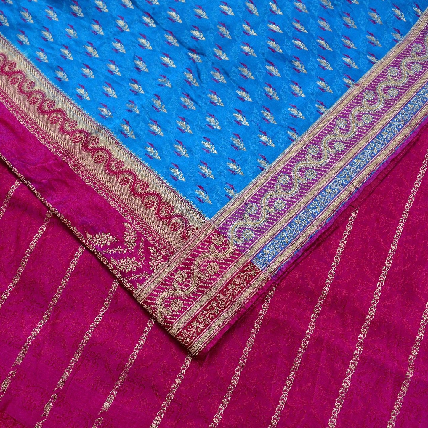 Indian Vintage Heavy Sari Pink & Blue Pure Satin Silk Woven Brocade Banarasi Sarees Zari 5Yd Ethnic Craft Fabric Dress Making Upcycle