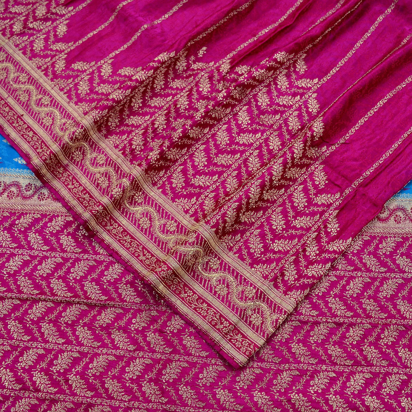 Indian Vintage Heavy Sari Pink & Blue Pure Satin Silk Woven Brocade Banarasi Sarees Zari 5Yd Ethnic Craft Fabric Dress Making Upcycle