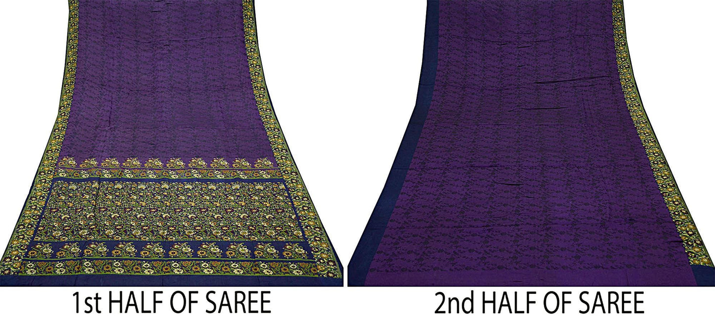 Indian Vintage Heavy Sari Purple & Blue Pure Satin Silk Woven Tanchoi Sarees 5Yd Craft Fabric Soft Wedding Sarees Upcycle For Crafting Used