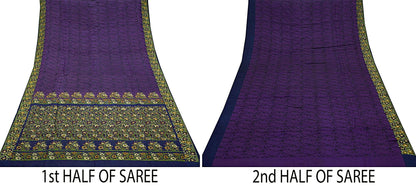 Indian Vintage Heavy Sari Purple & Blue Pure Satin Silk Woven Tanchoi Sarees 5Yd Craft Fabric Soft Wedding Sarees Upcycle For Crafting Used