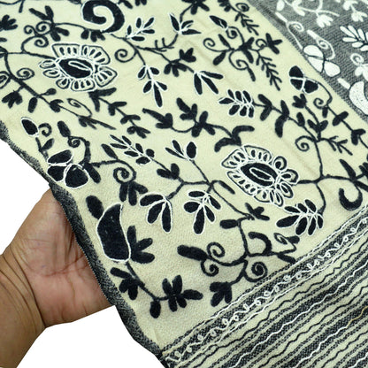 Indian Vintage Cream & Black Pure Woolen Shawl Handmade Ari work Long Throw Stole Warm Beige Floral Design Fringes