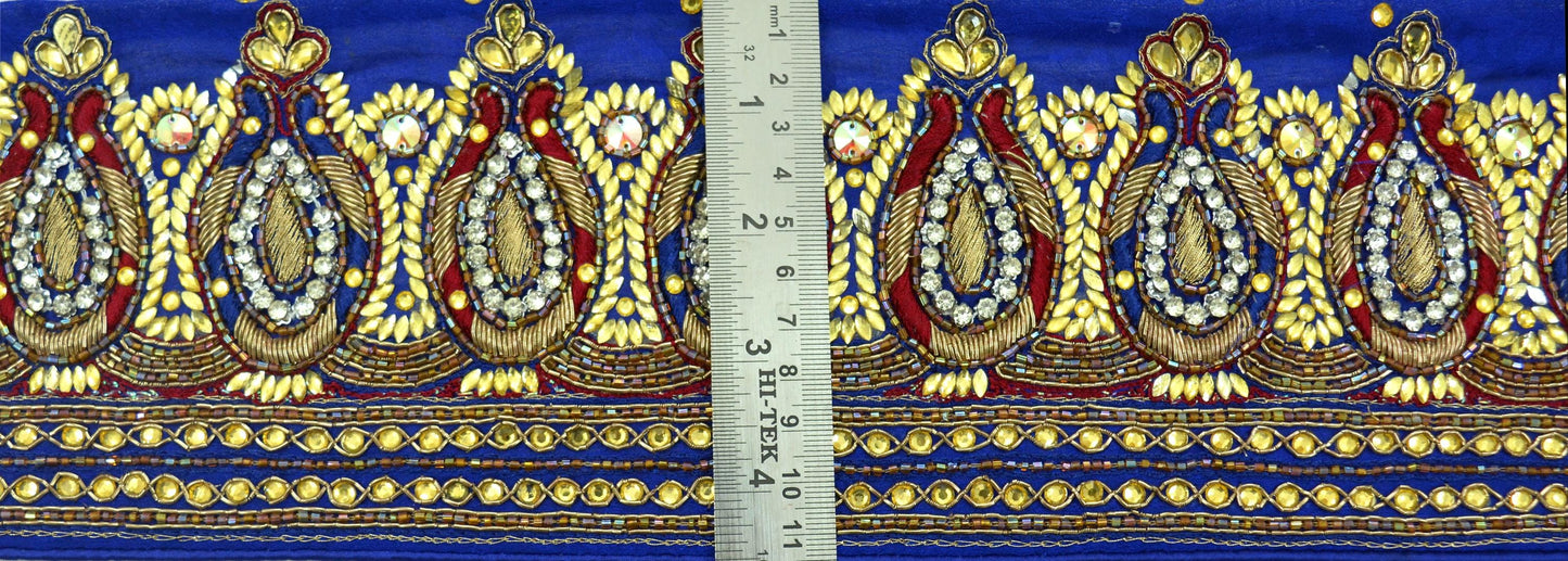 Indian Vintage Royal Blue Sari Border Hand Embroidered Craft Trim Lace Sewing Sari Ribbon Pure Crepe silk Zardozi/Dabka Zari