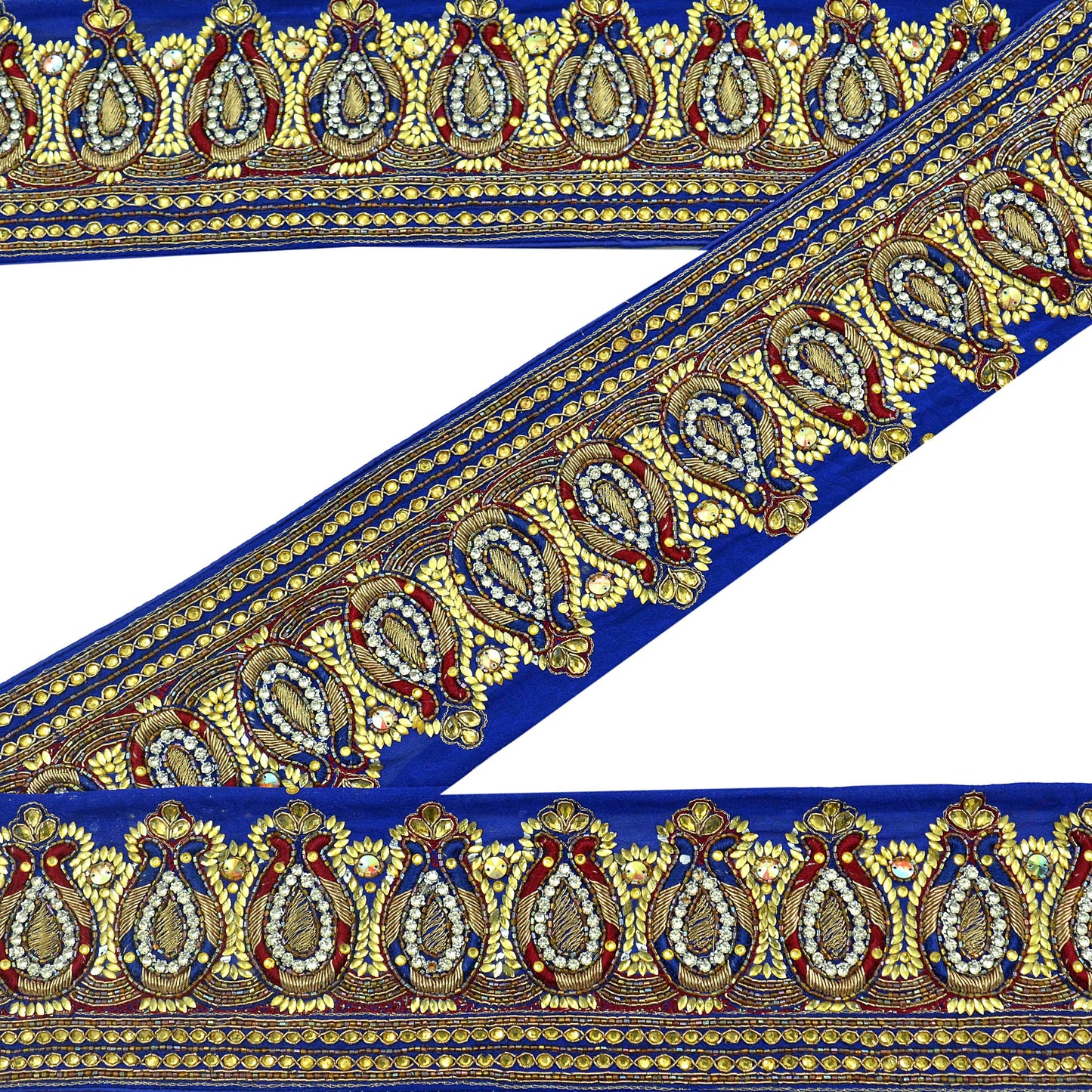 Indian Vintage Royal Blue Sari Border Hand Embroidered Craft Trim Lace Sewing Sari Ribbon Pure Crepe silk Zardozi/Dabka Zari