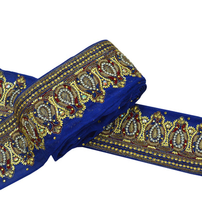 Indian Vintage Royal Blue Sari Border Hand Embroidered Craft Trim Lace Sewing Sari Ribbon Pure Crepe silk Zardozi/Dabka Zari