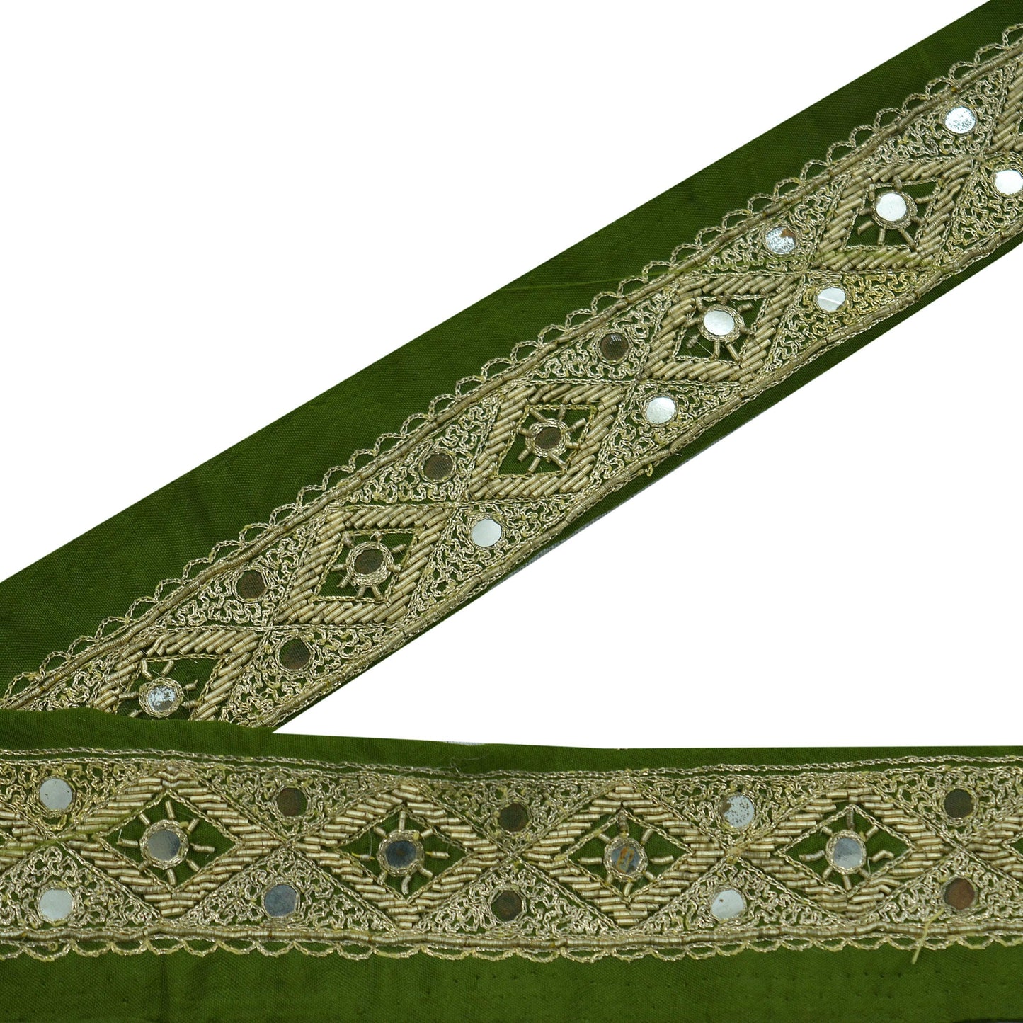 Indian Vintage Henna Green Sari Border Hand Embroidered Indian Craft Trim Lace Sewing Sari Ribbon Pure Crepe silk Zardozi/Dabka Zari