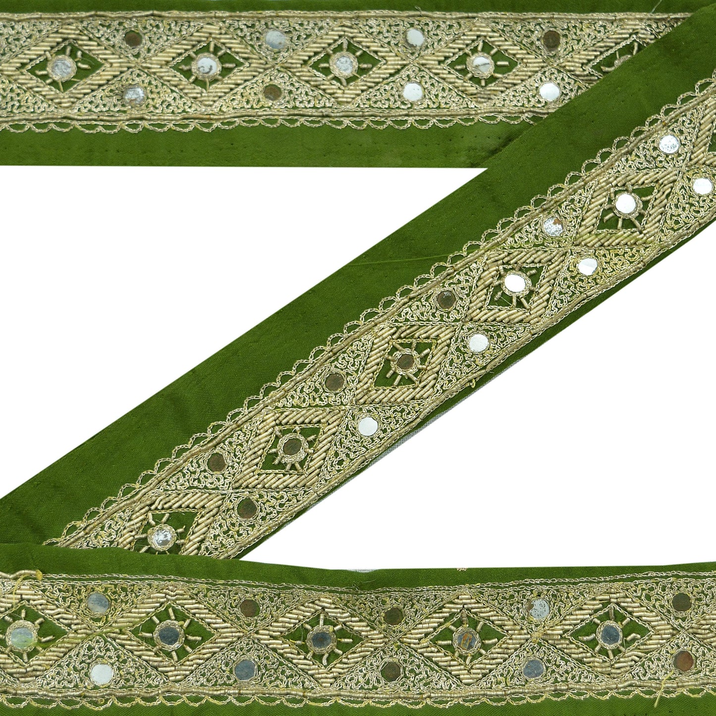 Indian Vintage Henna Green Sari Border Hand Embroidered Indian Craft Trim Lace Sewing Sari Ribbon Pure Crepe silk Zardozi/Dabka Zari