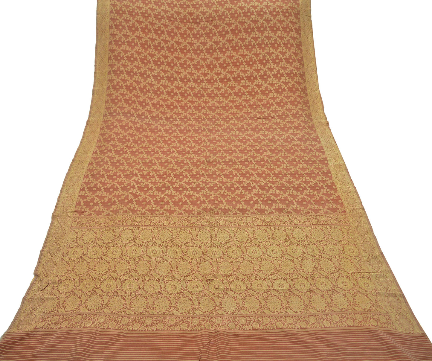 Indian Vintage Sari Brown & Peach 100% Pure Silk Hand Woven Sarees Craft Fabric 5Yd Ethnic Sewing Crafting Quilting Upcycle Dress making