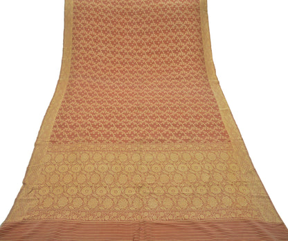 Indian Vintage Sari Brown & Peach 100% Pure Silk Hand Woven Sarees Craft Fabric 5Yd Ethnic Sewing Crafting Quilting Upcycle Dress making