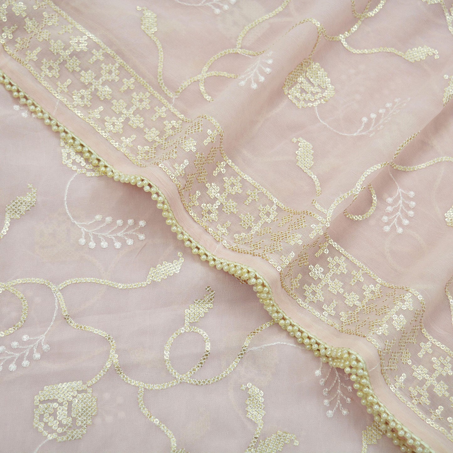 Indian Vintage Pink Dupatta Blend Georgette Long Stole Embroidered Scarves Floral Design Stole Veil Wrap Sequins