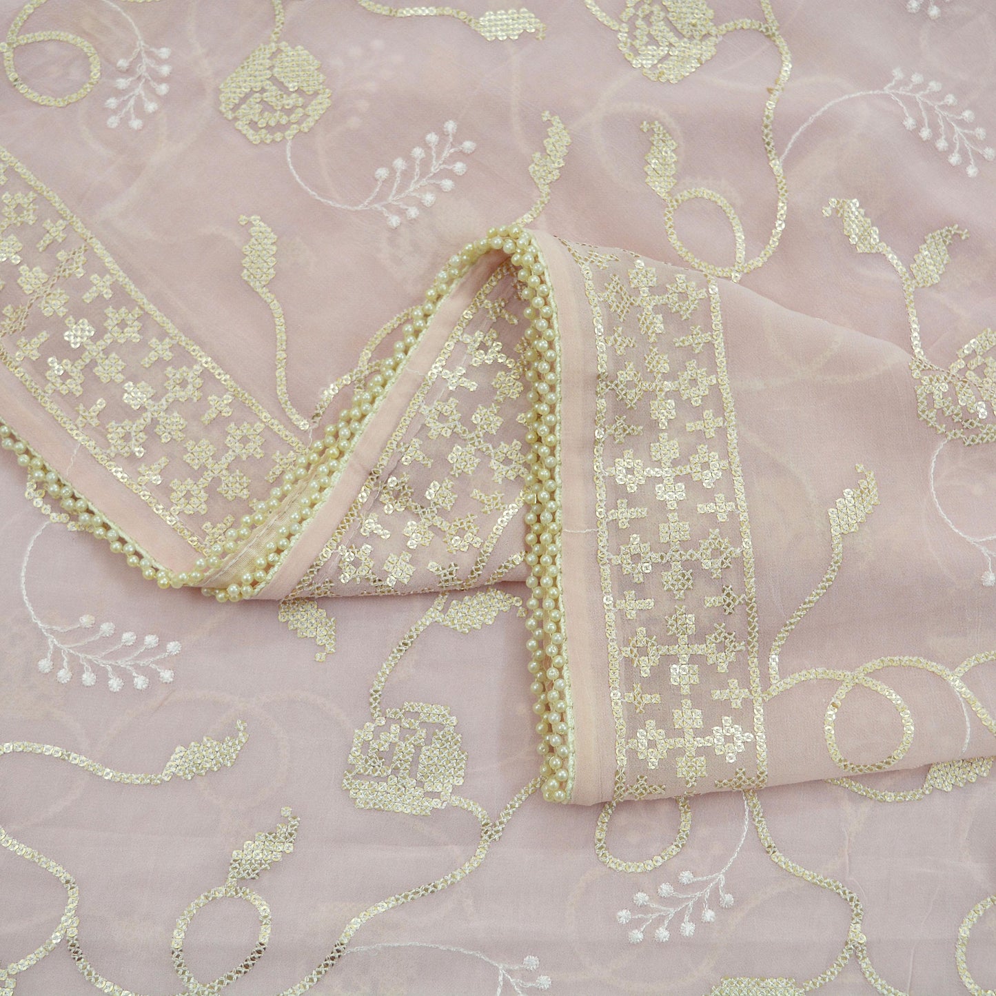 Indian Vintage Pink Dupatta Blend Georgette Long Stole Embroidered Scarves Floral Design Stole Veil Wrap Sequins