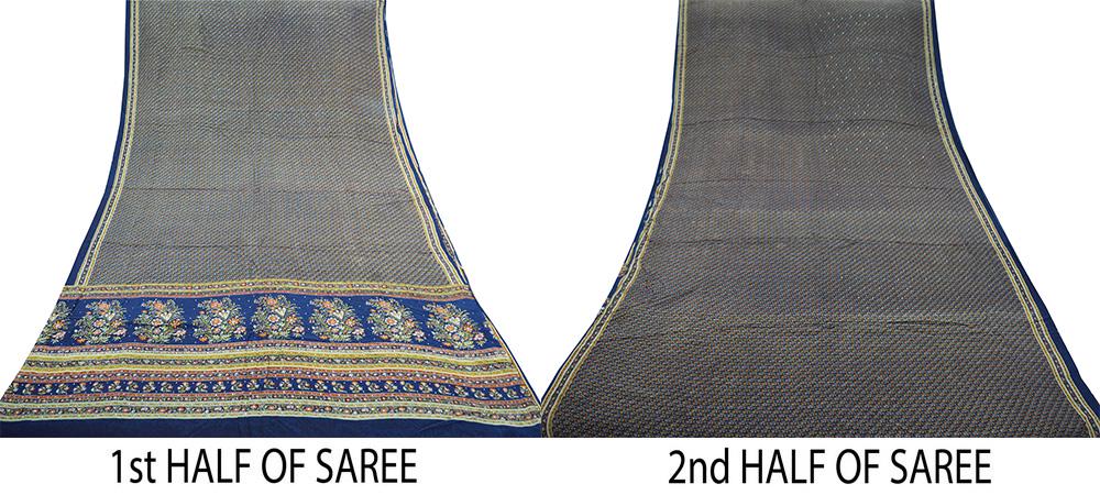 Indian Vintage Sari Blue Pure Crepe Silk Mukesh Work Printed Sarees 5yd Sewing Craft Fabric Floral Soft Ethnic Upcycle Dress Making Quilting