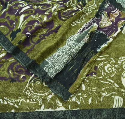 Indian Vintage Sari Green Pure Georgette Silk Printed Sarees 5Yd Craft Fabric Sewing Soft Dress Making Floral Quilting Used Upcycle