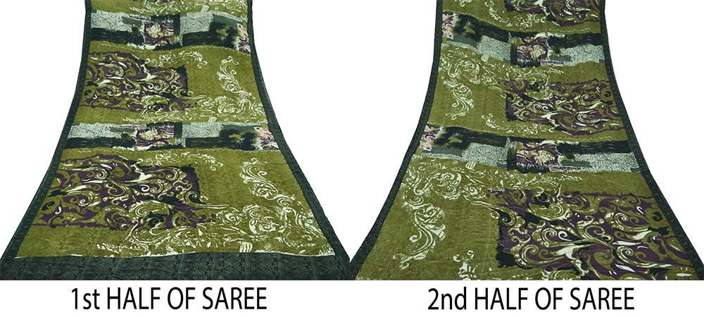 Indian Vintage Sari Green Pure Georgette Silk Printed Sarees 5Yd Craft Fabric Sewing Soft Dress Making Floral Quilting Used Upcycle