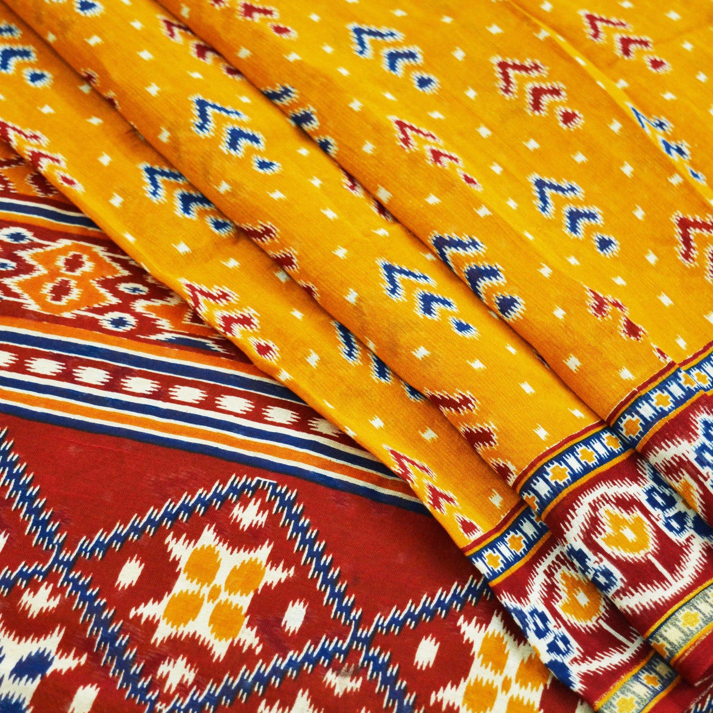 Indian Vintage Sari Mustard & red Pure chanderi Silk Block Printed Sarees Craft Fabric 5Yd Geometric Soft Golden Zari Bollywood Sarees