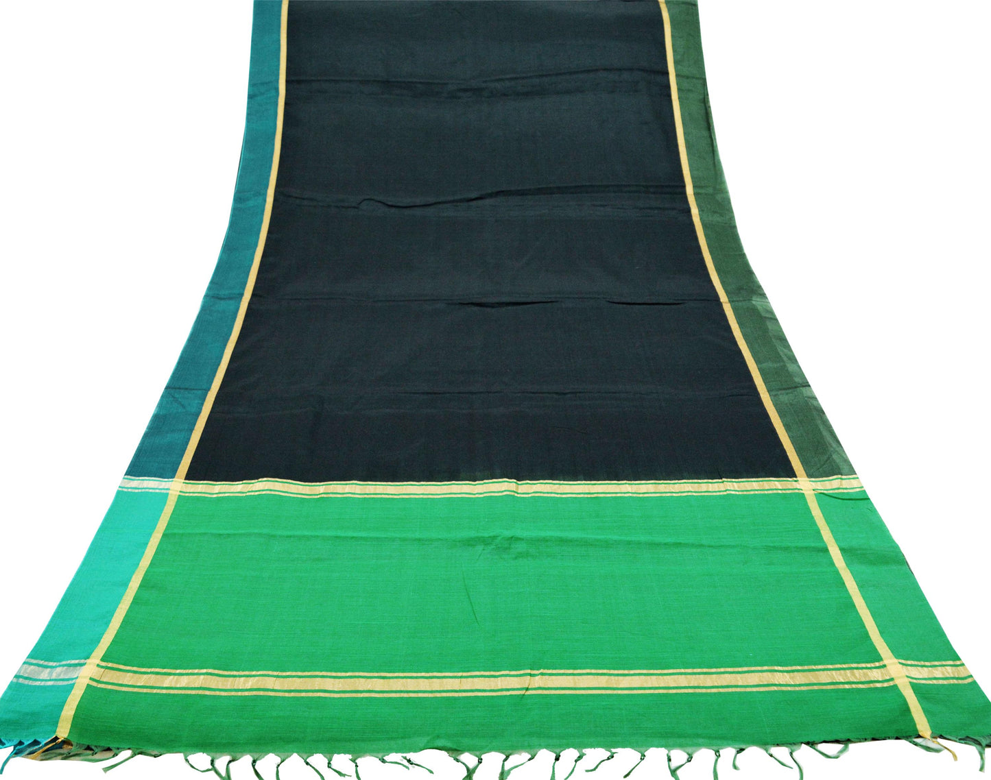 Indian Vintage Sari Black & Green Pure Silk Hand Woven Sarees 5Yd Craft Fabric Sewing Ethnic Bollywood Black Sarees Upcycle Fringes Zari