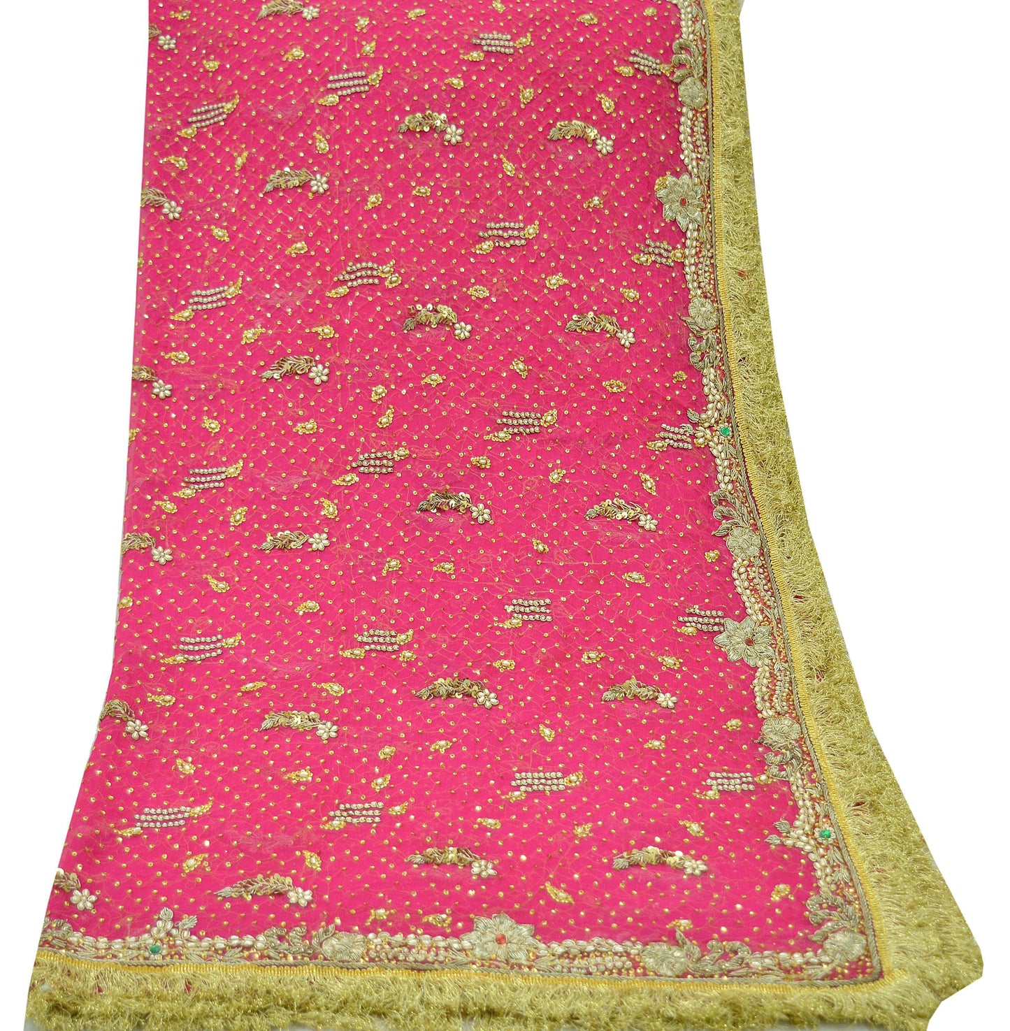 Indian Vintage Heavy Bridal Dupatta Pink Pure Chiffon Silk Long Stole Hand Embroidered Hijab Scarf Zardozi/Dabka Zari 1980s Wedding Dupatta