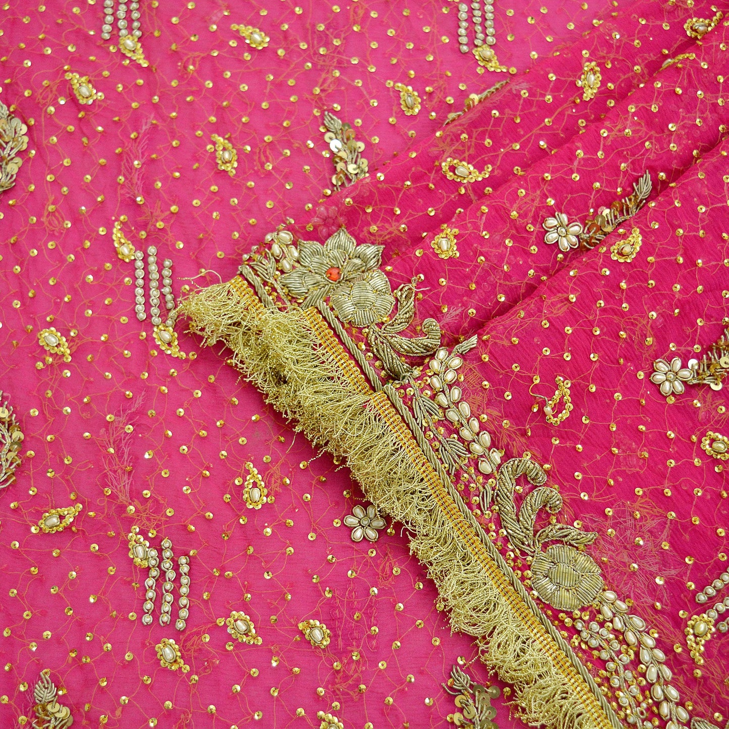 Indian Vintage Heavy Bridal Dupatta Pink Pure Chiffon Silk Long Stole Hand Embroidered Hijab Scarf Zardozi/Dabka Zari 1980s Wedding Dupatta