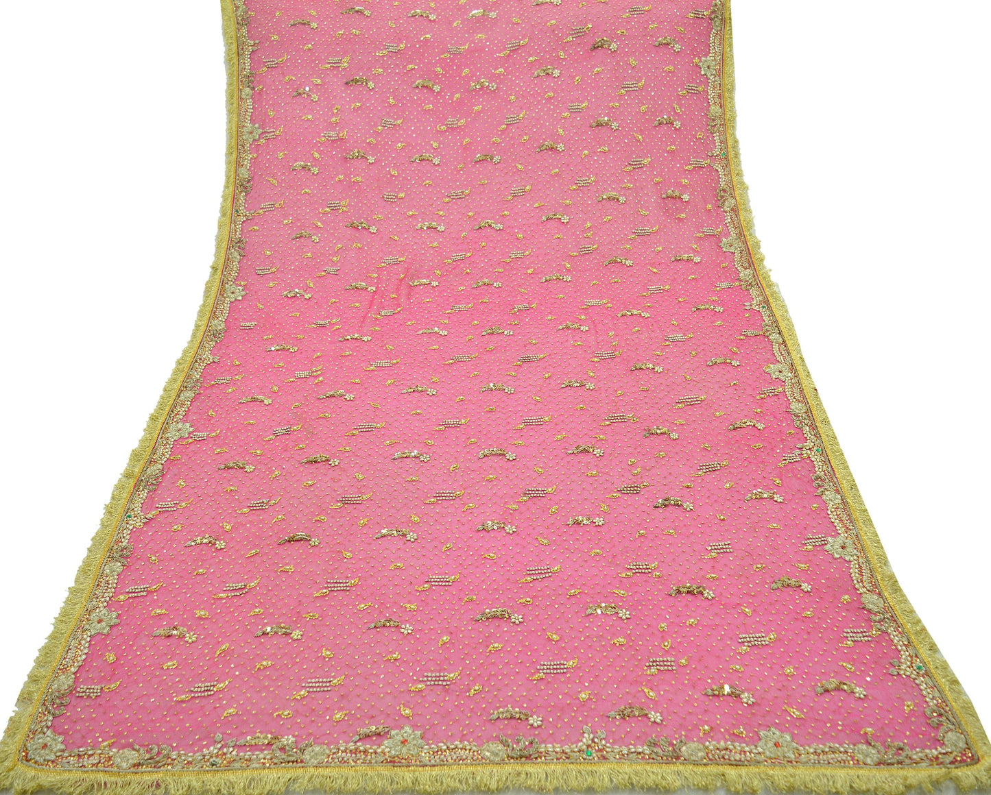 Indian Vintage Heavy Bridal Dupatta Pink Pure Chiffon Silk Long Stole Hand Embroidered Hijab Scarf Zardozi/Dabka Zari 1980s Wedding Dupatta