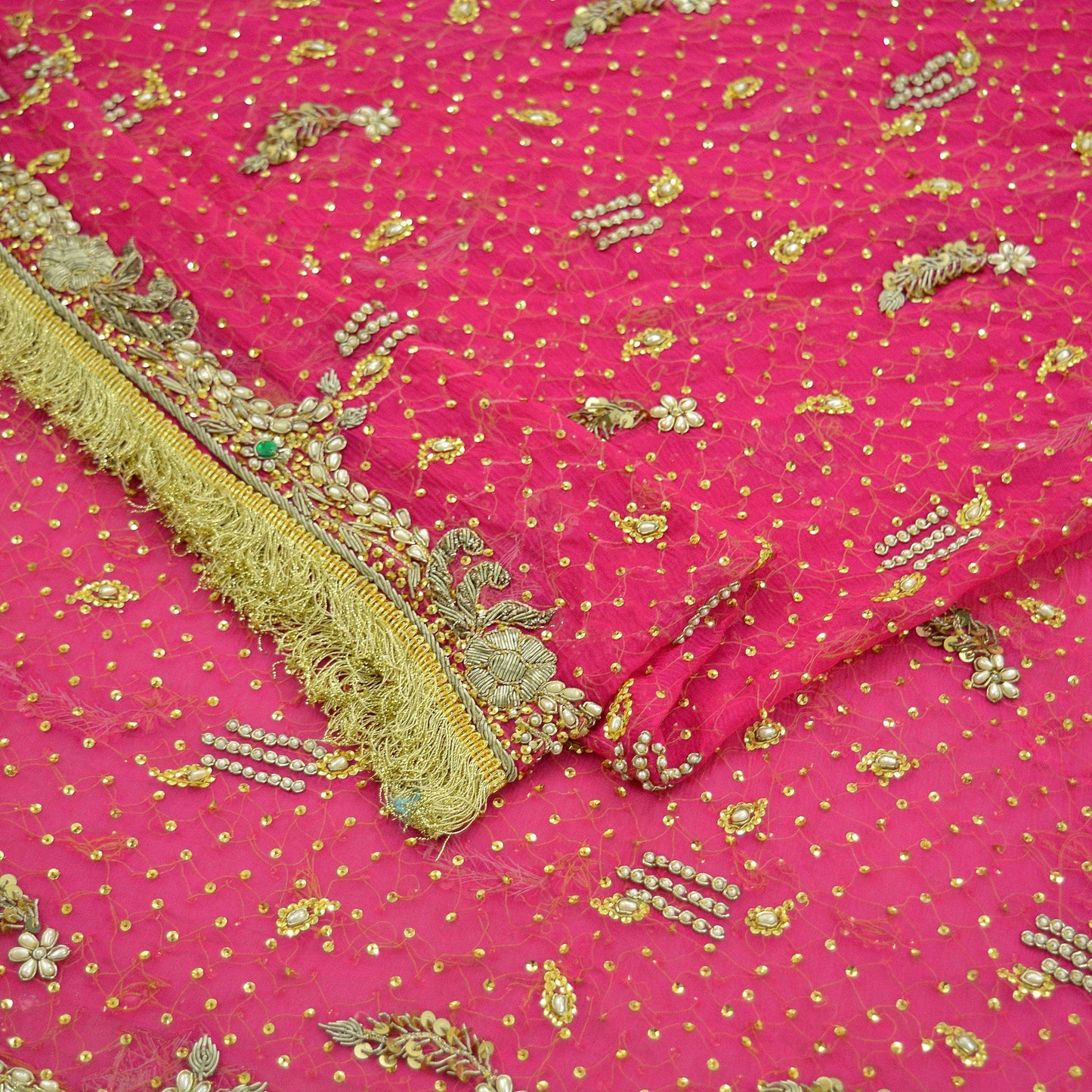 Indian Vintage Heavy Bridal Dupatta Pink Pure Chiffon Silk Long Stole Hand Embroidered Hijab Scarf Zardozi/Dabka Zari 1980s Wedding Dupatta