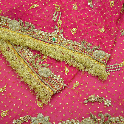 Indian Vintage Heavy Bridal Dupatta Pink Pure Chiffon Silk Long Stole Hand Embroidered Hijab Scarf Zardozi/Dabka Zari 1980s Wedding Dupatta