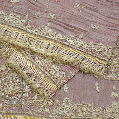 Indian Vintage Bridal Heavy Dupatta Pink Pure Tissue Silk Long Stole Hand Embroidered Hijab Scarves Zari Zardozi/Dabka Wedding Hijab Veil